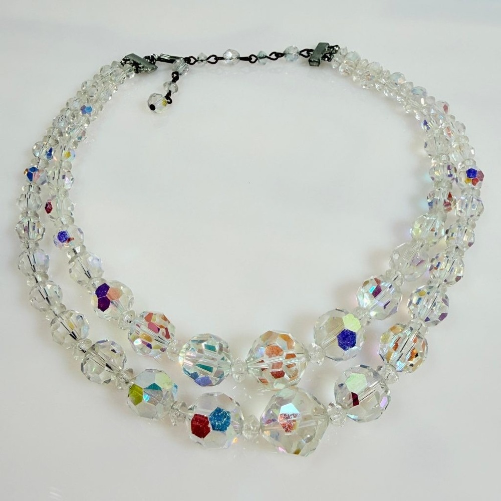 Vintage AB Crystal Necklace Double Strand Graduated Adjustable 13-15.5 in - Picture 2 of 11
